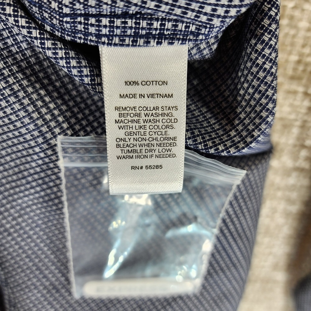 Express Fitted Microplaid Dress Shirt Mens MT Tall Navy White Long Sleeve NWT - Picture 12 of 13